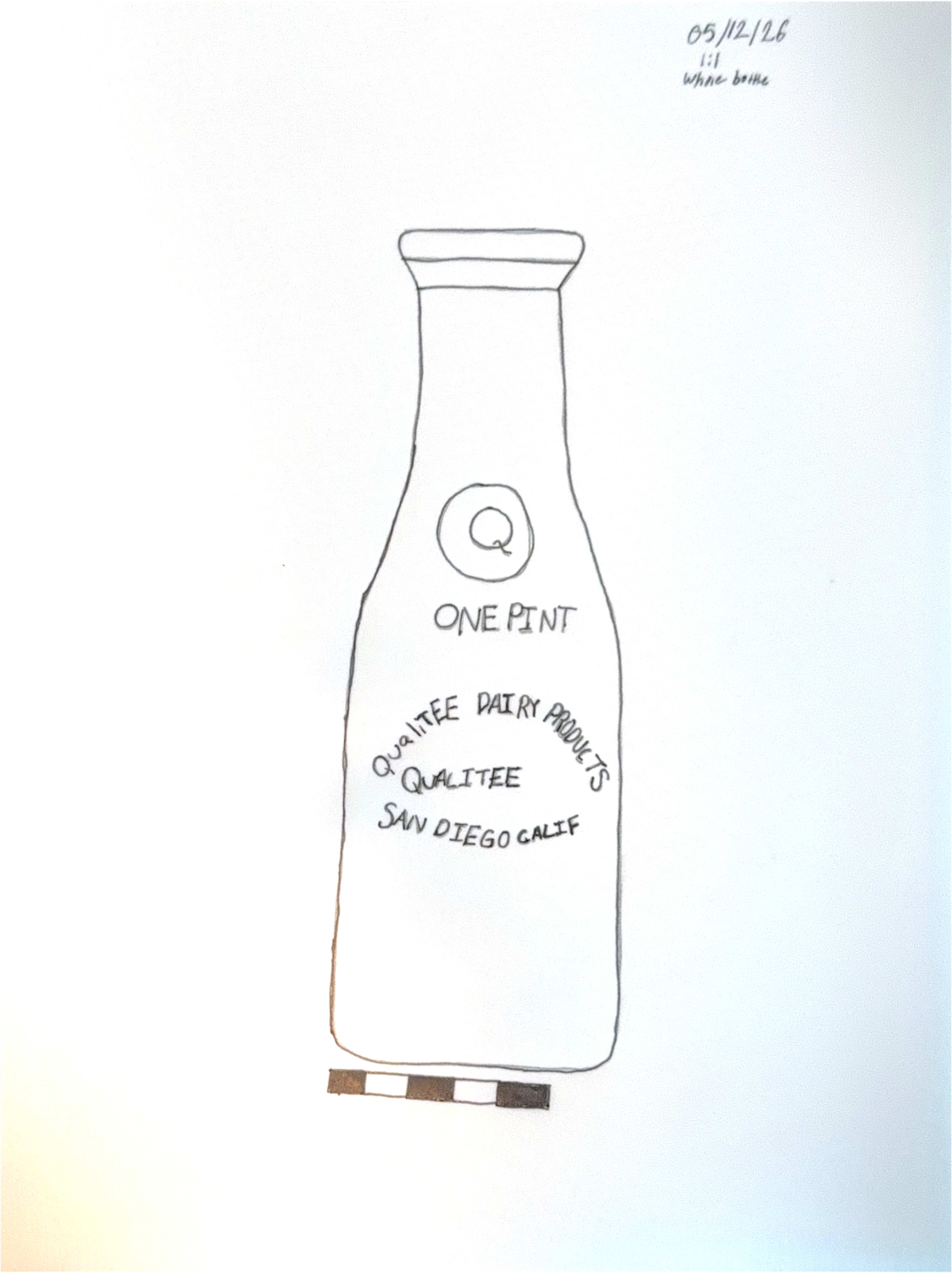 Professional drawing of a Qualitee milk bottle, done by artist/inventor Benjamin Jones, 2026.